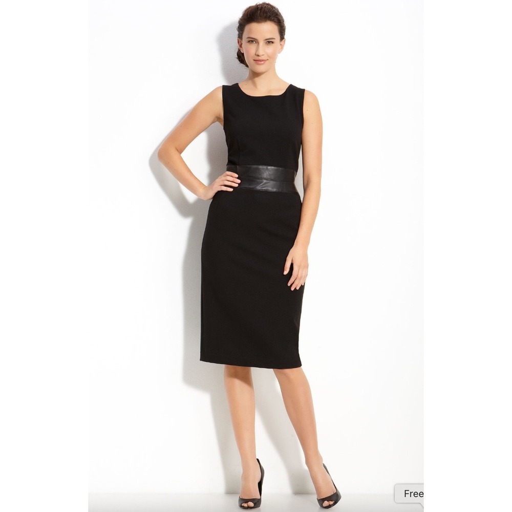 NWT Lafayette 148 New York Black Leather Waist Sleeveless Sheath Dress Size 12